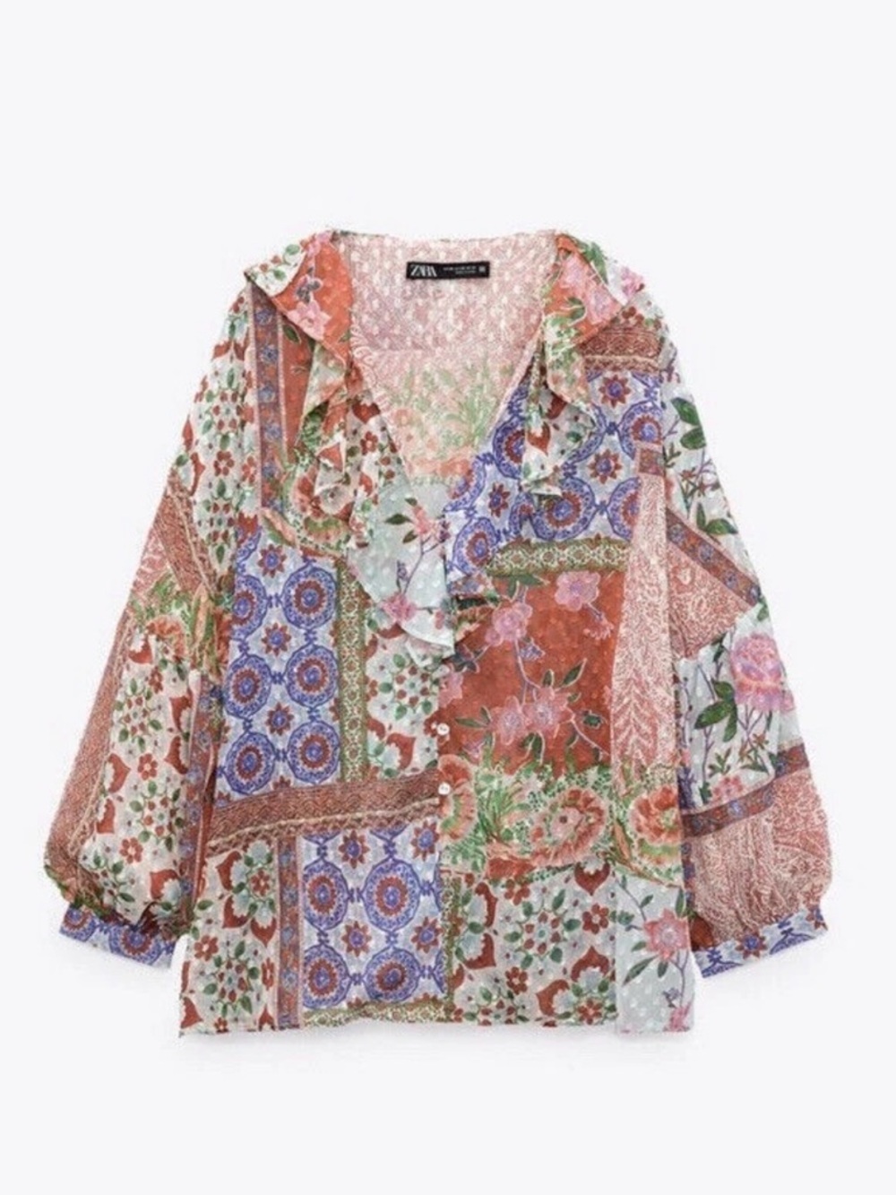 Zara Floral Patchwork Sheer Button-Front Blouse Contrast Boho Ruffled Size Small